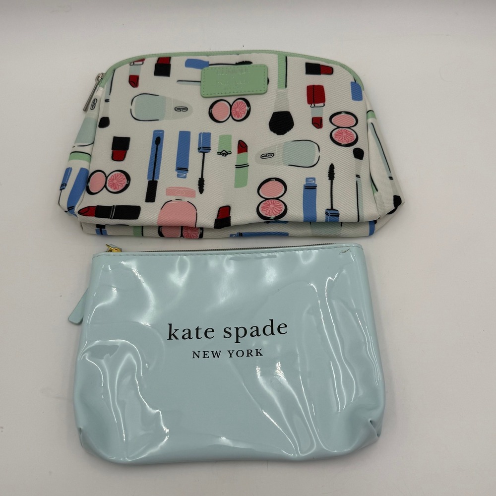 Kate Spade x Clinique Makeup Bag Set Blue Patent & Cosmetic Print 2 Piece Pouch